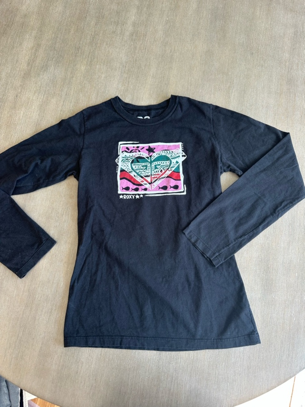Roxy Black Long Sleeve Tee with Pink & Teal Heart Graphic XL 14-16